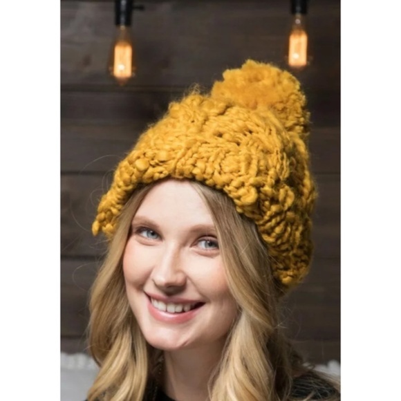 Mustard Cable Hand Knit Pompom Winter Beanie - Picture 3 of 3